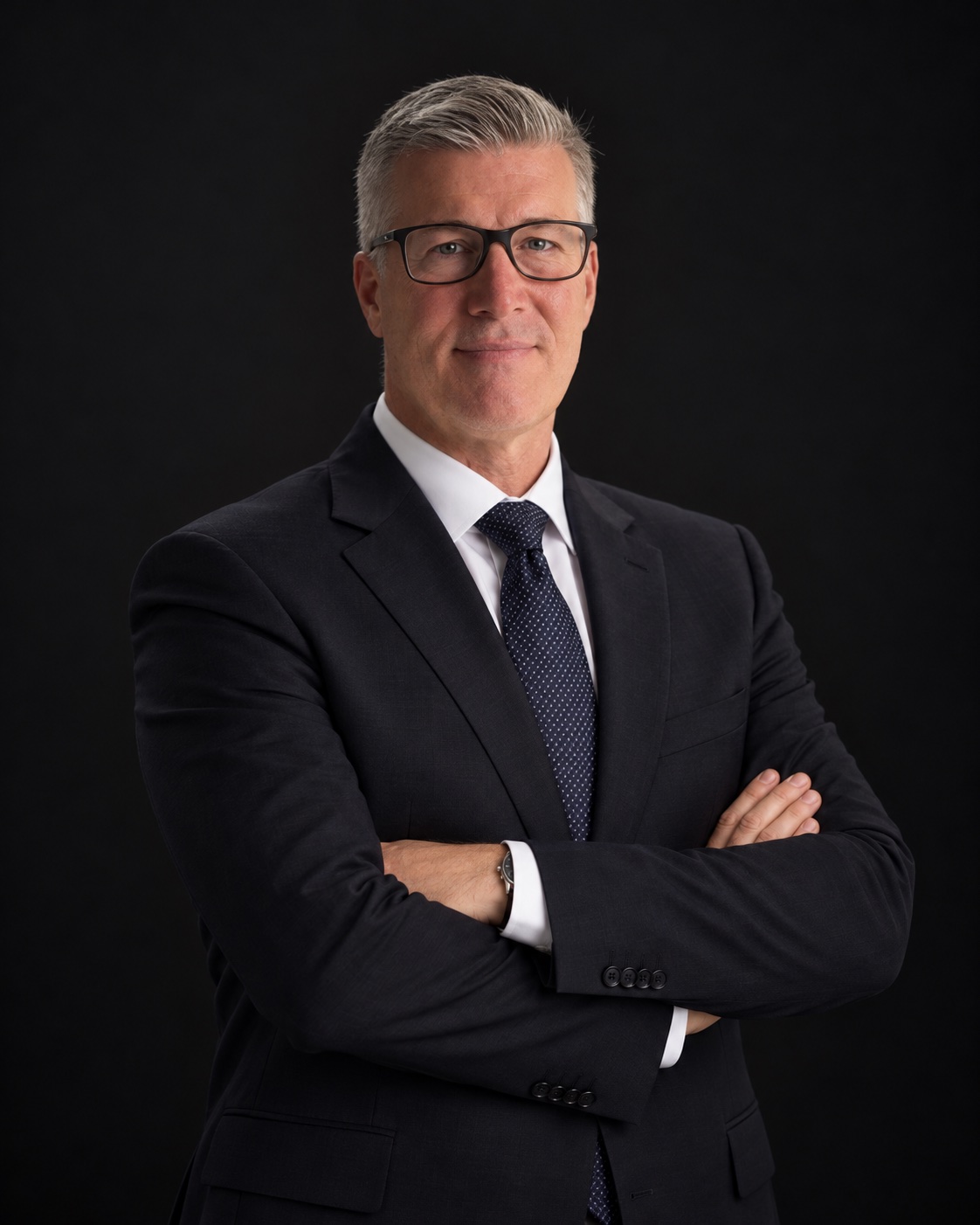 Augusto Marvello in a dark suit, arms crossed
